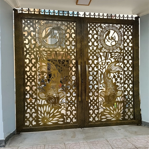 Cổng sắt CNC KD002 – Cá chép hóa rồng và chữ thư pháp Phú Quý vàng đồng