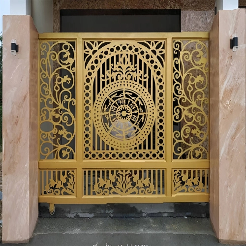 Cổng sắt CNC KD012 – Hoa văn trống đồng kết hợp khung vòm hoàng gia