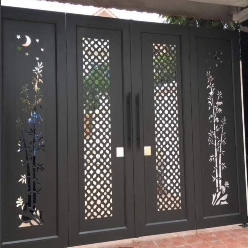 Cổng sắt CNC KD015 – Họa tiết cây tre & nền lưới caro