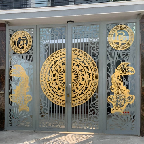 Cổng sắt CNC KD016 – Trống đồng kết hợp cá chép phong thủy và chữ Tài Lộc