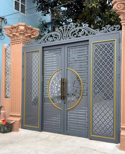 Cổng sắt CNC KD276 – họa tiết trống đồng và hoa văn mới thanh lịch