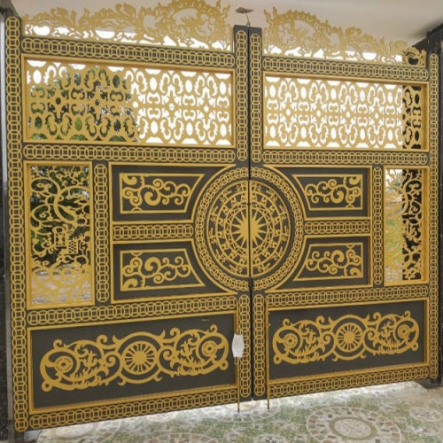 Cổng sắt CNC KD216 – Hoa văn trống đồng và rồng vàng sang trọng