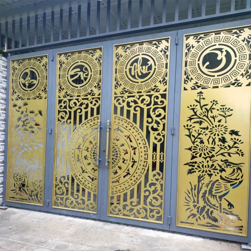 Cổng sắt CNC KD001 – Mẫu cổng thư pháp Tùng Cúc Trống Đồng đầy ý nghĩa cho nhà Việt